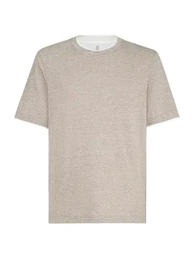 Brunello Cucinelli Men's Linen and Cotton Jersey Crew Neck T-Shirt with Faux Layering - Hazelnut | Thumbnail 1