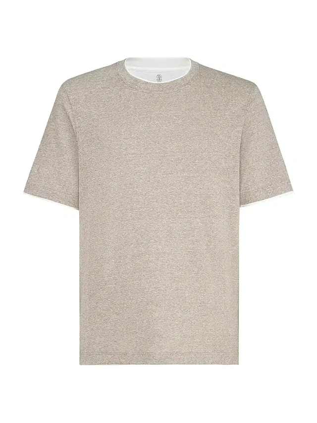 Brunello Cucinelli Men's Linen and Cotton Jersey Crew Neck T-Shirt with Faux Layering - Hazelnut