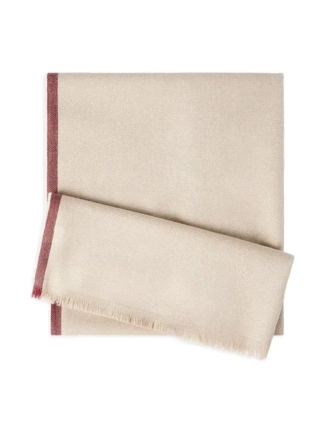 Brunello Cucinelli Men's Wool and Cashmere Diagonal Scarf with Striped Edge - Sand