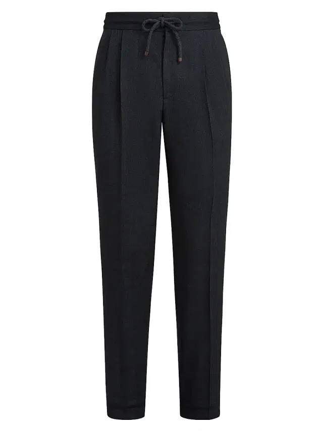 Brunello Cucinelli Men's Linen and Virgin Wool Chevron Trousers with Drawstring and Double Pleats - Anthracite