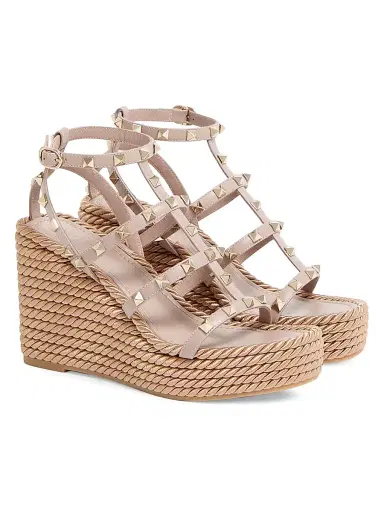 Valentino Garavani Women's Rockstud Wedge Sandals With Calfskin Straps 95MM - Poudre - Size 4 | Thumbnail 2