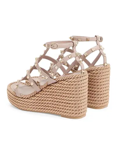 Valentino Garavani Women's Rockstud Wedge Sandals With Calfskin Straps 95MM - Poudre - Size 4 | Thumbnail 3