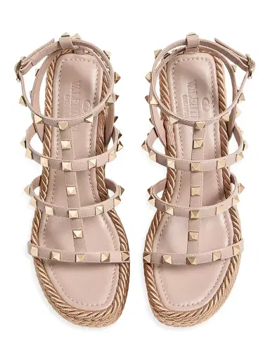 Valentino Garavani Women's Rockstud Wedge Sandals With Calfskin Straps 95MM - Poudre - Size 4 | Thumbnail 4