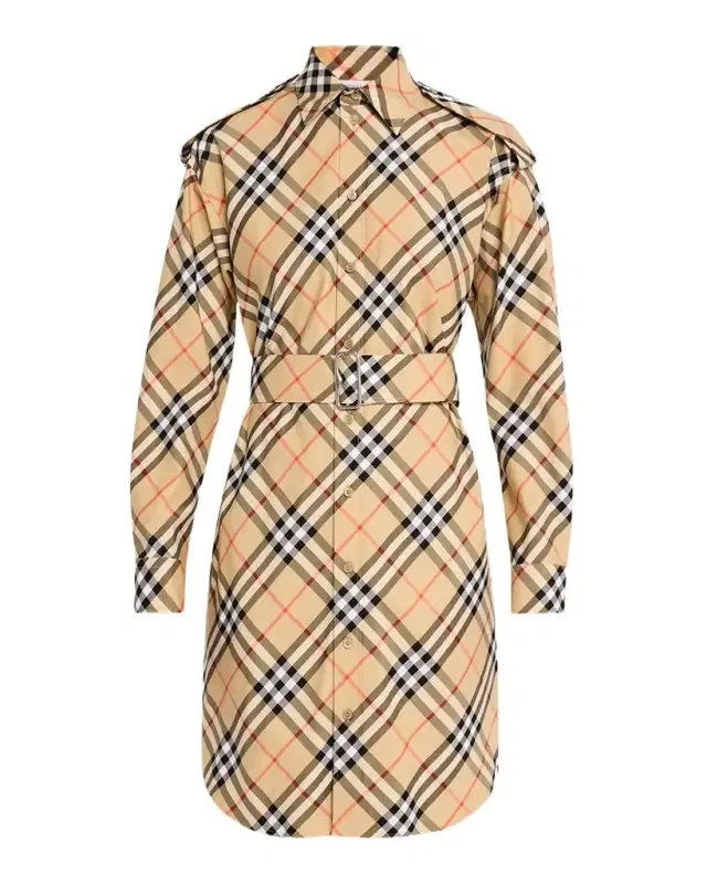 Check Belted Long-Sleeve Shirtdress