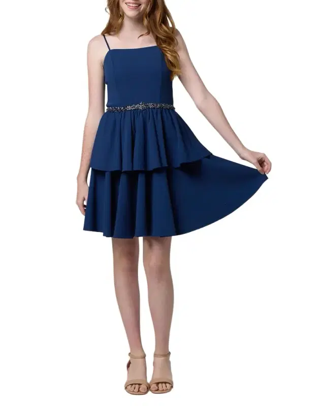 Un Deux Trois Girl 's Tiered Dress W/ Embellished Belt, Size 10-