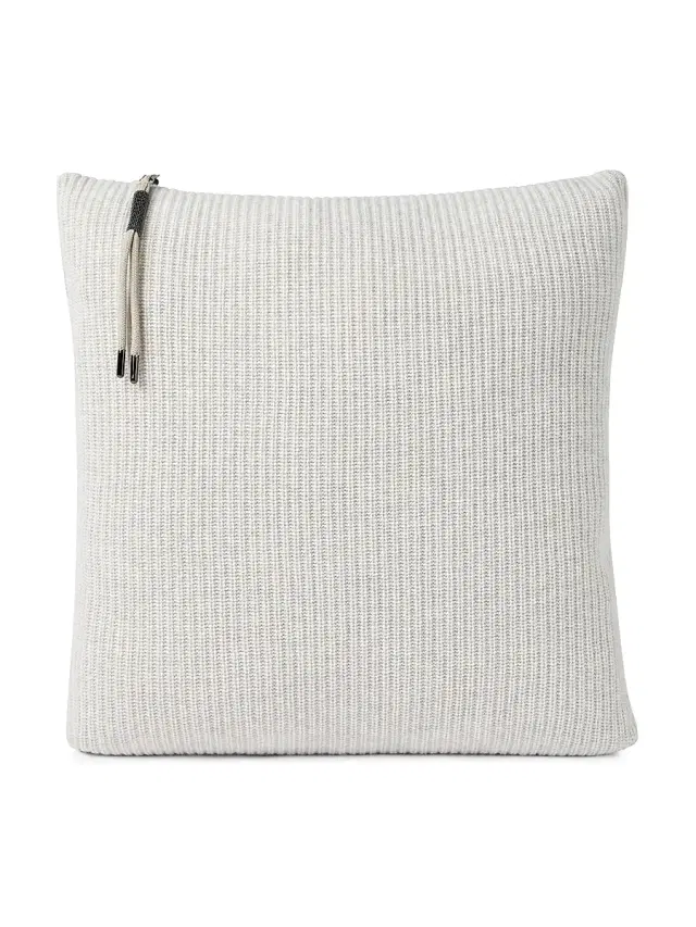 Brunello Cucinelli Cashmere English Rib Knit Cushion with Shiny Zipper Pull - Buff