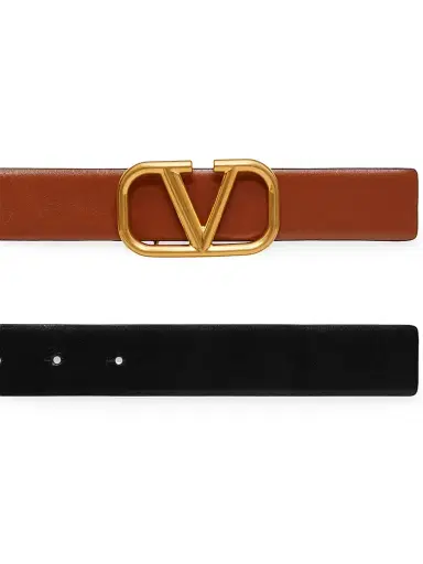 Valentino Garavani Women's Reversible VLogo Signature Belt in Glossy Calfskin 30MM - Saddle Brown Black | Thumbnail 4