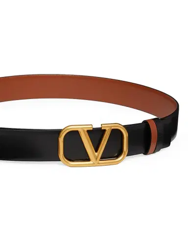 Valentino Garavani Women's Reversible VLogo Signature Belt in Glossy Calfskin 30MM - Saddle Brown Black | Thumbnail 5