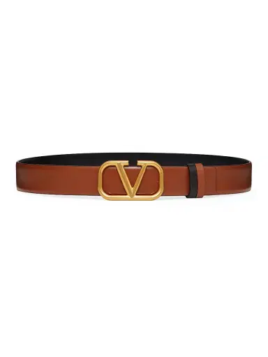Valentino Garavani Women's Reversible VLogo Signature Belt in Glossy Calfskin 30MM - Saddle Brown Black | Thumbnail 1