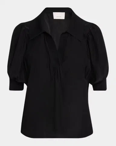 Cinq à Sept Weldon Collared V-Neck Short-Sleeve Silk Combo Top | Thumbnail 2