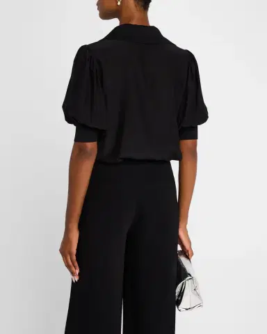 Cinq à Sept Weldon Collared V-Neck Short-Sleeve Silk Combo Top | Thumbnail 3