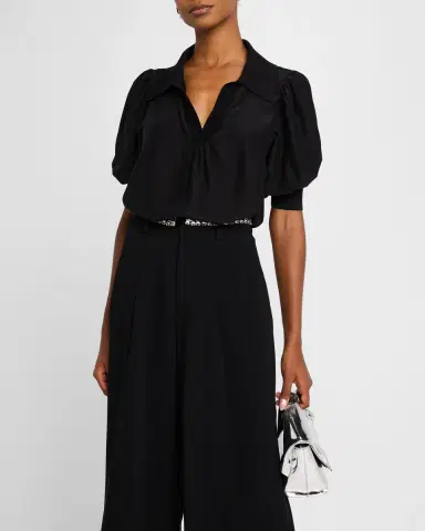 Cinq à Sept Weldon Collared V-Neck Short-Sleeve Silk Combo Top | Thumbnail 4