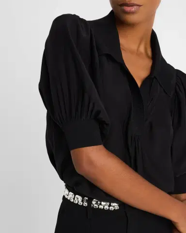 Cinq à Sept Weldon Collared V-Neck Short-Sleeve Silk Combo Top | Thumbnail 5