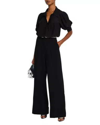 Cinq à Sept Weldon Collared V-Neck Short-Sleeve Silk Combo Top | Thumbnail 1