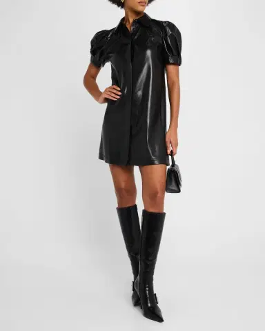 Alice + Olivia Jem Vegan Leather Puff-Sleeve Shirtdress | Thumbnail 4 Alice + Olivia Jem Vegan Leather Puff-Sleeve Shirtdress | Thumbnail 4