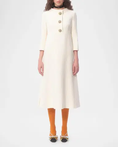 Valentino Garavani Quarter-Sleeve Brooch Wool Midi Dress | Thumbnail 2 Valentino Garavani Quarter-Sleeve Brooch Wool Midi Dress | Thumbnail 2