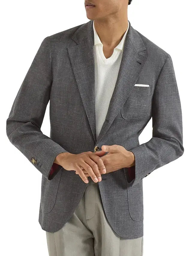 Brunello Cucinelli Men's Wool, Silk and Linen Slubbed Fresco Deconstructed Blazer - Dark Grey