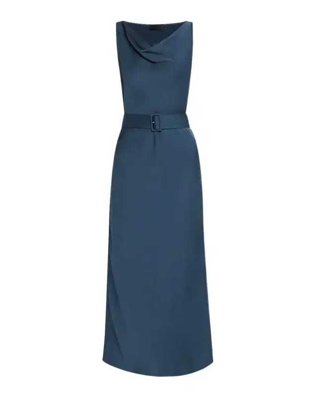 Cowl-Neck Belted Satin Midi Dress