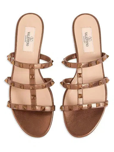 Valentino Garavani Women's Rockstud Flat Metallic Nappa Slide Sandals - Bronze - Size 11.5 | Thumbnail 4