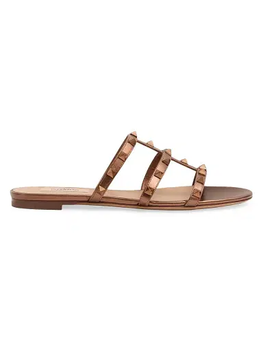 Valentino Garavani Women's Rockstud Flat Metallic Nappa Slide Sandals - Bronze - Size 11.5 | Thumbnail 1