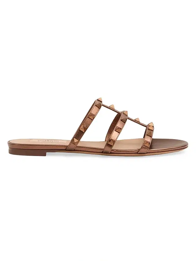 Valentino Garavani Women's Rockstud Flat Metallic Nappa Slide Sandals - Bronze