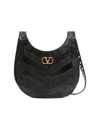 Valentino Garavani Women's Hoboho Hobo Bag in Chevron-Patterned Nappa Leather - Black | Thumbnail 1