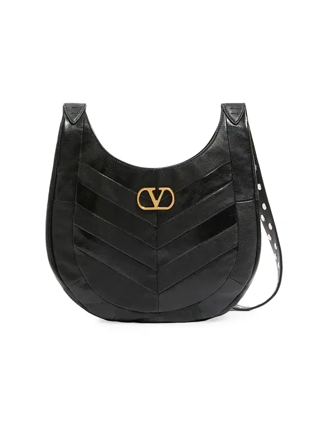 Valentino Garavani Women's Hoboho  Hobo Bag in Chevron-Patterned Nappa Leather - Black