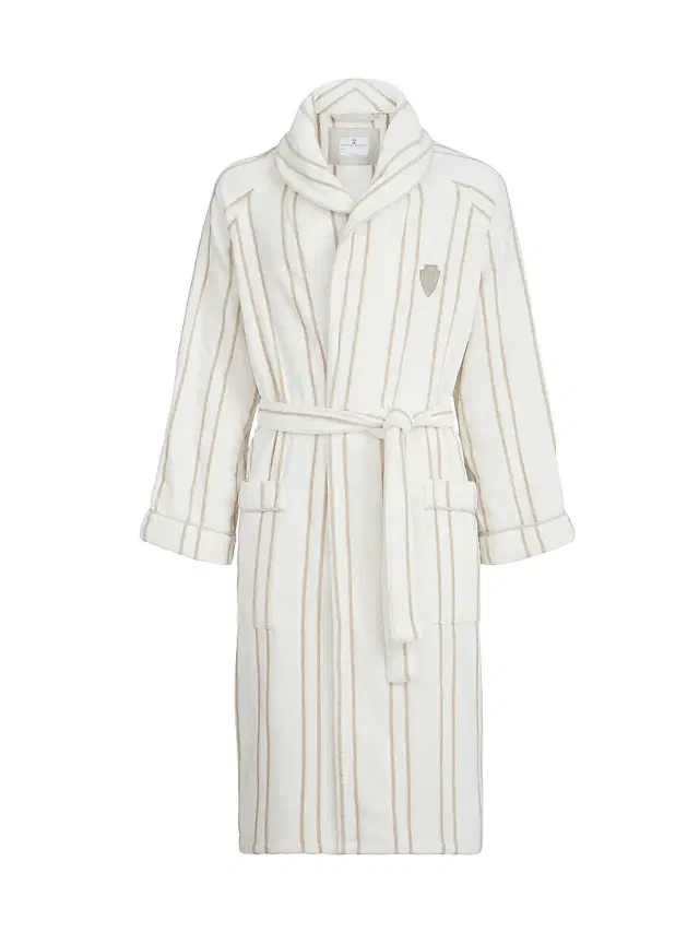 Brunello Cucinelli Women's Striped Cotton Terrycloth Bathrobe with Logo - Buff
