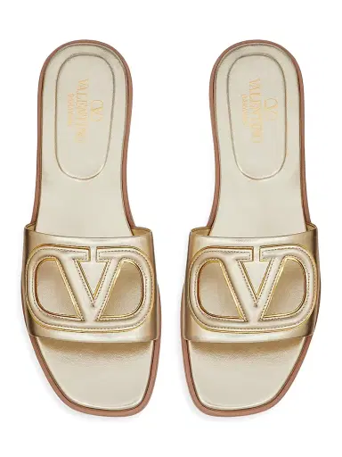 Valentino Garavani Women's VLogo Cut-Out Laminated Nappa Leather Slide Sandals - Platinum Antique Brass - Size 7 | Thumbnail 4 Valentino Garavani Women's VLogo Cut-Out Laminated Nappa Leather Slide Sandals - Platinum Antique Brass - Size 7 | Thumbnail 4