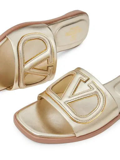 Valentino Garavani Women's VLogo Cut-Out Laminated Nappa Leather Slide Sandals - Platinum Antique Brass - Size 7 | Thumbnail 5 Valentino Garavani Women's VLogo Cut-Out Laminated Nappa Leather Slide Sandals - Platinum Antique Brass - Size 7 | Thumbnail 5
