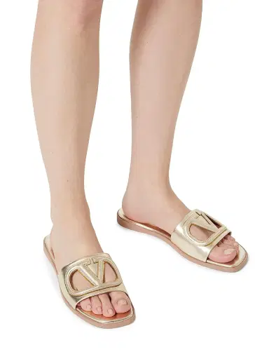 Valentino Garavani Women's VLogo Cut-Out Laminated Nappa Leather Slide Sandals - Platinum Antique Brass - Size 7 | Thumbnail 6 Valentino Garavani Women's VLogo Cut-Out Laminated Nappa Leather Slide Sandals - Platinum Antique Brass - Size 7 | Thumbnail 6