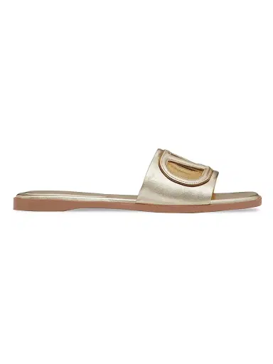 Valentino Garavani Women's VLogo Cut-Out Laminated Nappa Leather Slide Sandals - Platinum Antique Brass - Size 7 | Thumbnail 1 Valentino Garavani Women's VLogo Cut-Out Laminated Nappa Leather Slide Sandals - Platinum Antique Brass - Size 7 | Thumbnail 1