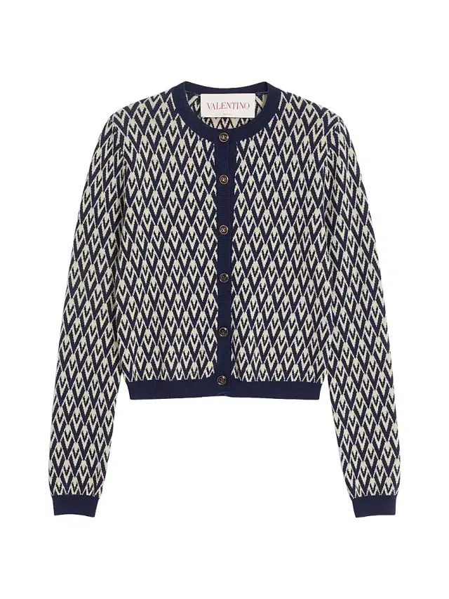 Valentino Garavani Women's Wool Cardigan with Toute La V Jacquard Pattern - Cream Navy
