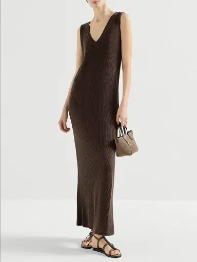 Brunello Cucinelli Women's Cotton Rib Knit Dress with Monili | Thumbnail 6