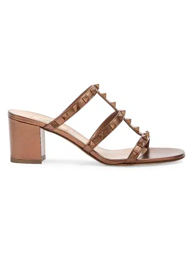 Valentino Garavani Women's Rockstud Calfskin Leather Slide Sandals 60MM - Bronze - Size 11.5 | Thumbnail 1