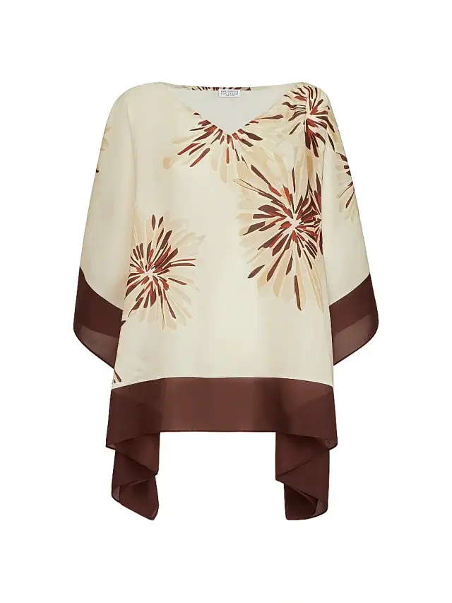 Brunello Cucinelli Women's Silk Bloom Print Pongee Poncho Style Top - Beige