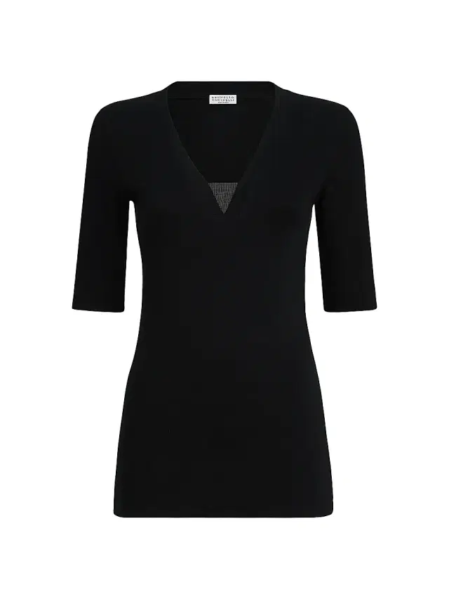 Brunello Cucinelli Women's Stretch Cotton Ribbed Jersey Top with Precious Insert - Black