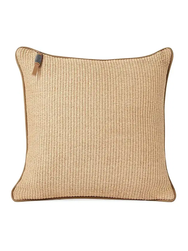 Brunello Cucinelli Raffia Effect Techno Cotton Cushion with Leather Piping
