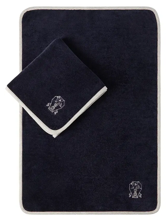 Brunello Cucinelli 2 Piece Cotton Terrycloth Towel Set with Embroidery - Navy Blue