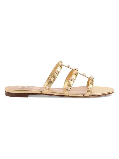 Valentino Garavani Women's Rockstud Flat Metallic Nappa Slide Sandals - Antique Brass - Size 6.5 | Thumbnail 1 Valentino Garavani Women's Rockstud Flat Metallic Nappa Slide Sandals - Antique Brass - Size 6.5 | Thumbnail 1
