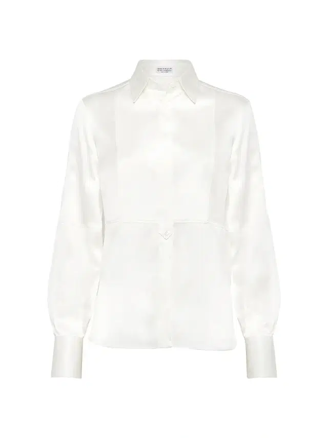 Brunello Cucinelli Women's Stretch Silk Satin Shirt with Monili - White