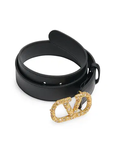 Valentino Garavani Women's VLogo Signature Belt in Shiny Calfskin with Crystals 30MM - Black Crystal | Thumbnail 3