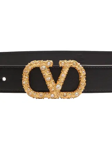 Valentino Garavani Women's VLogo Signature Belt in Shiny Calfskin with Crystals 30MM - Black Crystal | Thumbnail 4