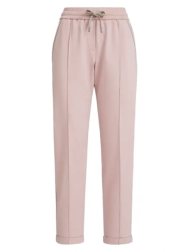 Brunello Cucinelli Women's Stretch Cotton Lightweight French Terry Track Trousers with Monili - Pink