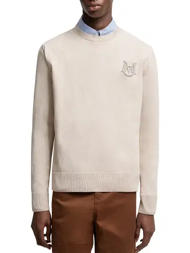 Moncler Men's Crew-Neck Sweater in Cotton - Light Beige | Thumbnail 2 Moncler Men's Crew-Neck Sweater in Cotton - Light Beige | Thumbnail 2