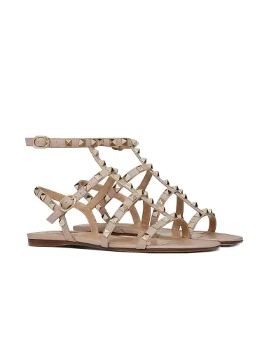 Valentino Garavani Women's Rockstud Flat Calfskin Sandals with Straps - Poudre | Thumbnail 2