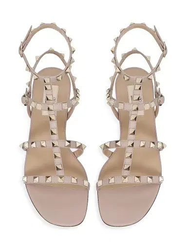 Valentino Garavani Women's Rockstud Flat Calfskin Sandals with Straps - Poudre | Thumbnail 4