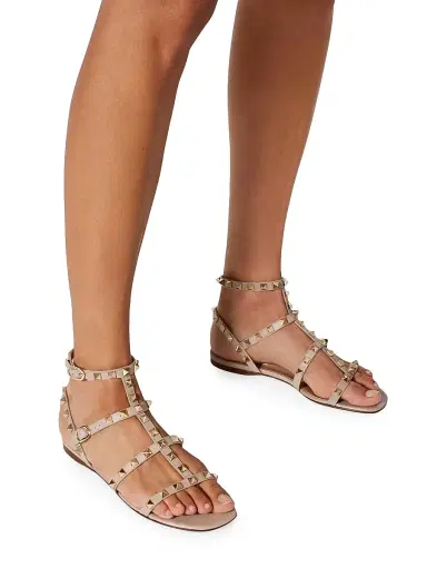 Valentino Garavani Women's Rockstud Flat Calfskin Sandals with Straps - Poudre | Thumbnail 6