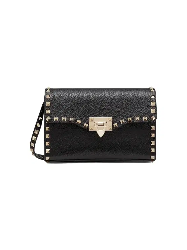 Valentino Garavani Women's  Rockstud Grainy Calfskin Crossbody Bag - Black Gold
