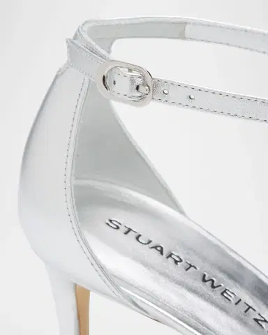 Stuart Weitzman 75mm Nudist II Metallic Leather Ankle-Strap Sandals | Thumbnail 4